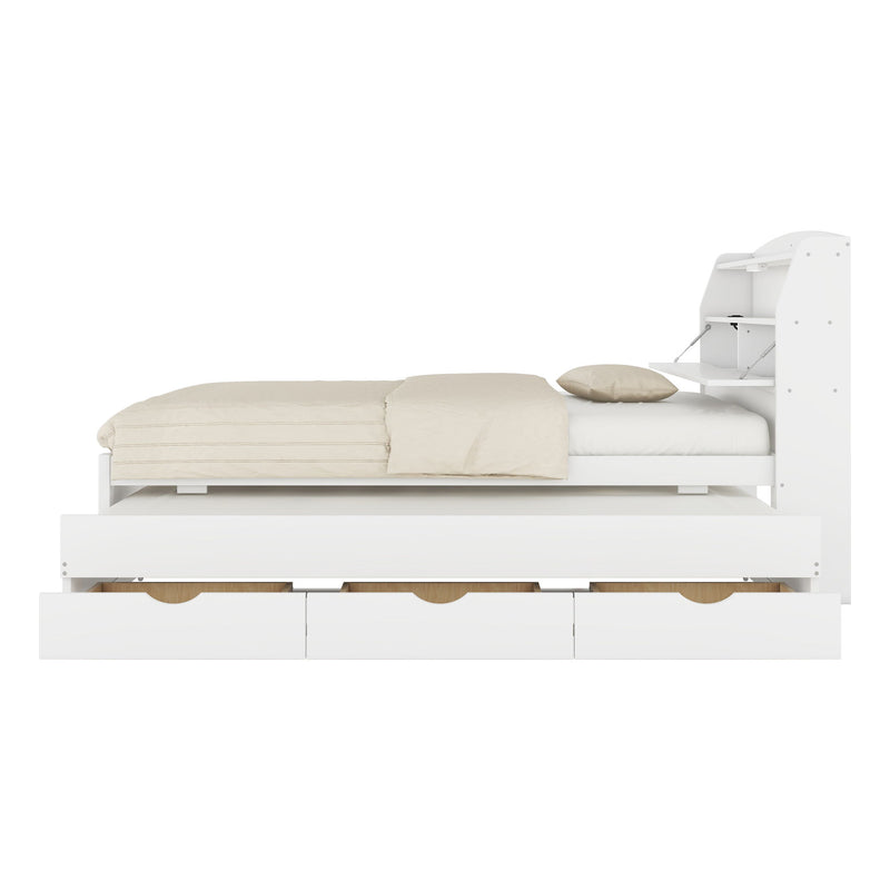 Wooden LED Platform Bed With Trundle, With Storage Headboard, With Drawers