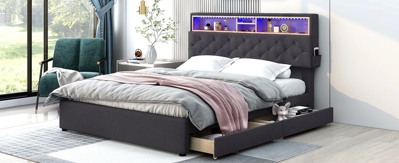 Queen Size Upholstered Platform Bed with Storage Headboard, LED, USB Charging and 2 Drawers, Dark Gray