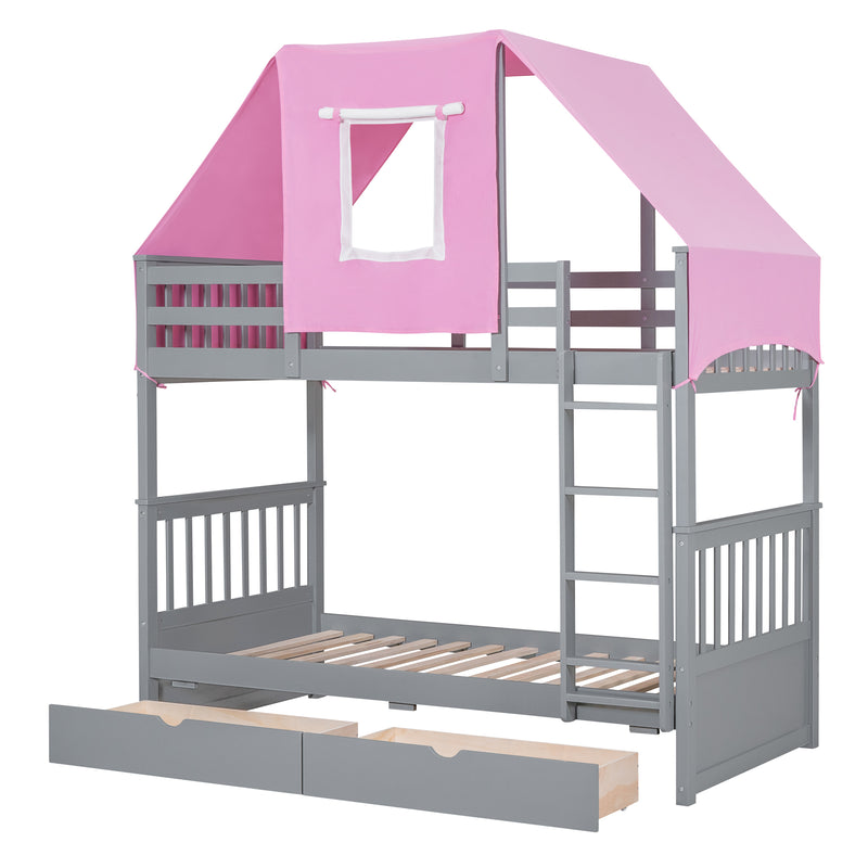 Twin Over Twin Bunk Bed Wood Bed with Tent and Drawers, Gray+Pink Tent