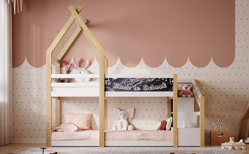 Twin over Twin House Bunk Bed with White Storage Staircase and Blackboard, White and Natural