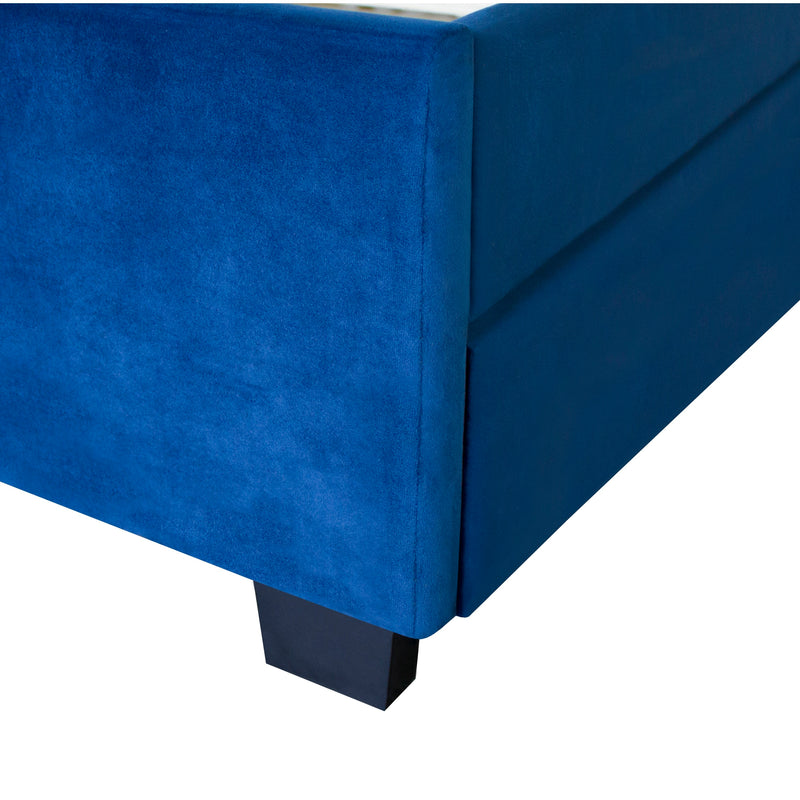 BLUE QUEEN SIZE TRUNDLE PULL OUT DRAWERS STORAGE UPHOLSTERED BED MODERN  DESIGN NO BOX SPRING REQUIRED