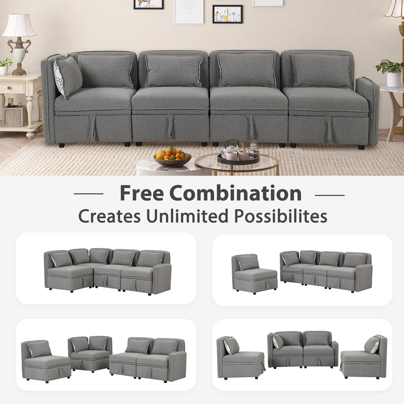 122.8" Convertible Modular Minimalist Sofa Free Combination 4 Seater Sofa Chenille Fabric Sectional sofa with 5 Pillows for Living Room, Office, Apartment, Small Space, Gray