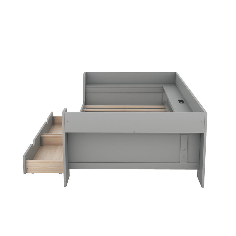 Twin Size Daybed with Shelves, Drawers and Built-In Charging Station, Gray