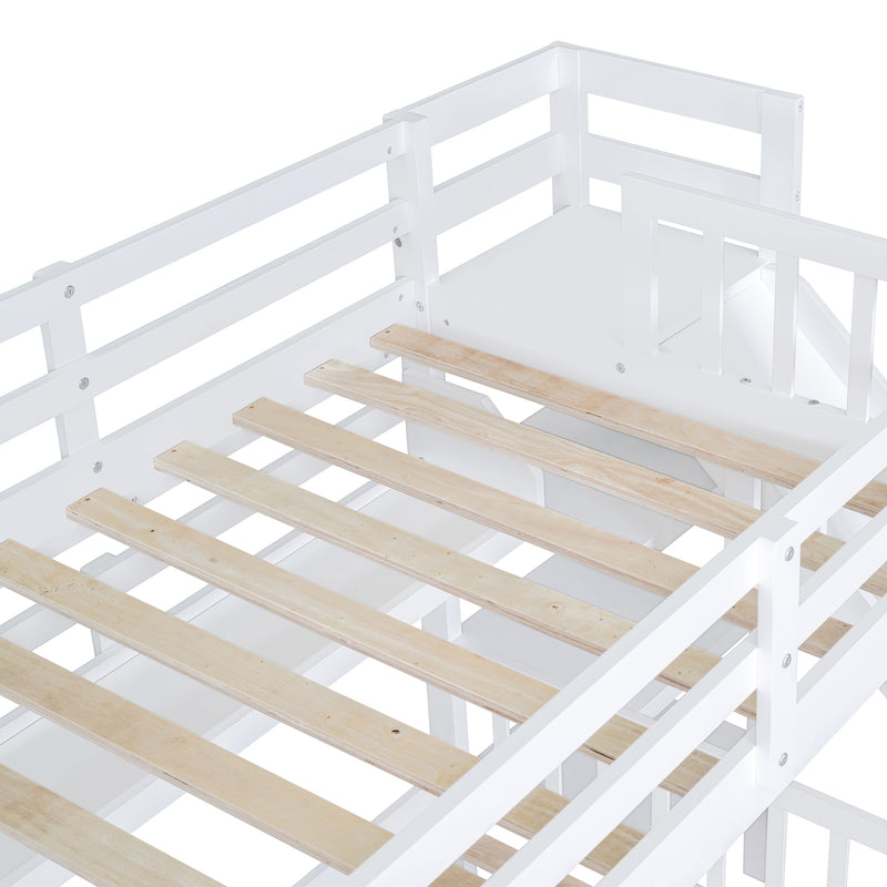 Twin-Over-Twin Castle Style Bunk Bed with 2 Drawers 3 Shelves and Slide - White