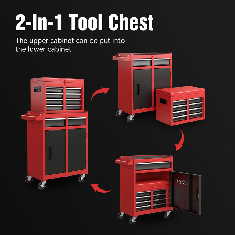 Tool Chest, 5 Drawer Rolling Tool Storage Cabinet With Detachable Top Tool Box, Liner, Universal Lockable Wheels, Adjustable Shelf, Locking Mechanism, Metal Tool Cart For Garage Workshop