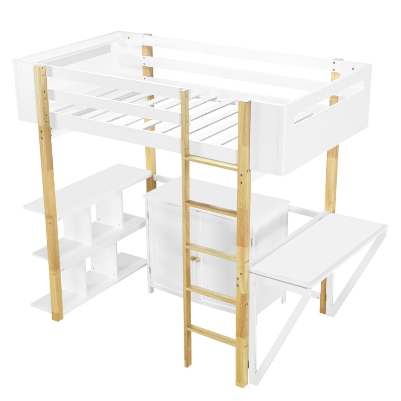 Twin Size Wood Loft Bed With Built-in Storage Cabinet and Cubes, Foldable desk, White