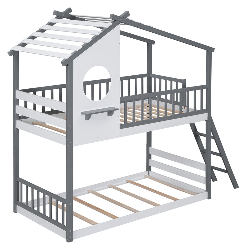 Twin Over Twin Bunk Bed Wood Bed with Roof, Window, Ladder,Gray(OLD SKU :LT100008AAE)