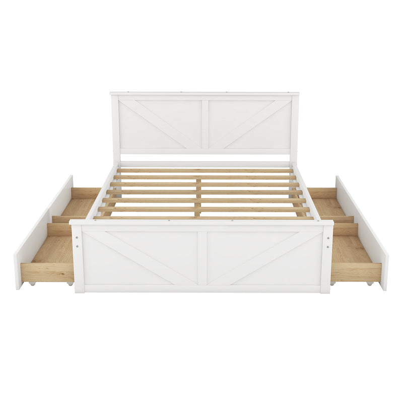 Queen Size Wooden Platform Bed with Four Storage Drawers and Support Legs, White