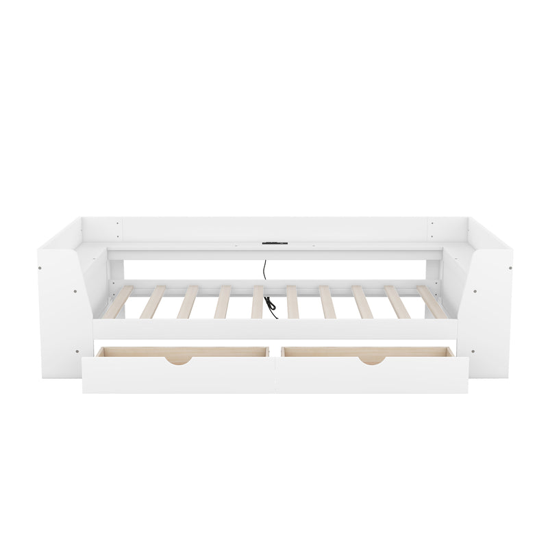 Twin Size Daybed with Shelves, Drawers and Built-In Charging Station, White