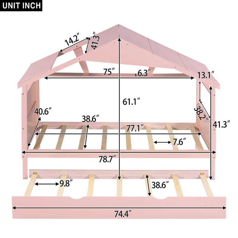 Wood Twin Size House Bed with Trundle and Storage, Pink