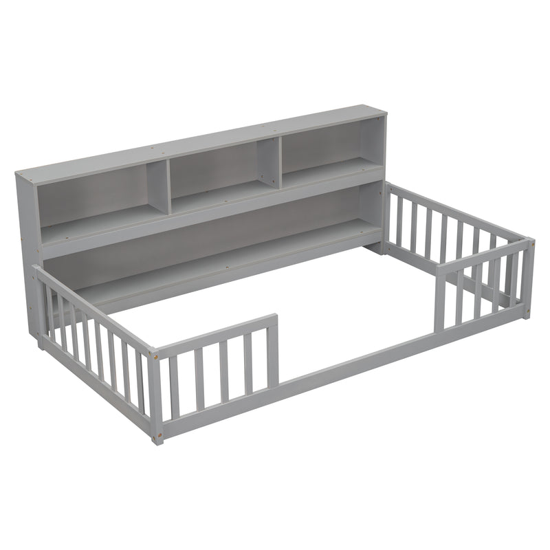 Twin Floor Bed with  Bedside Bookcase,Shelves,Guardrails,Grey