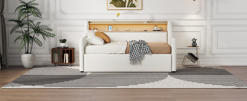 Twin Size Daybed with Hydraulic Storage, Upholstered Daybed with Lift Up Storage, Twin Leather Daybed with Charging Station and LED Lights,White(Expect arrival date Feb.13rd)