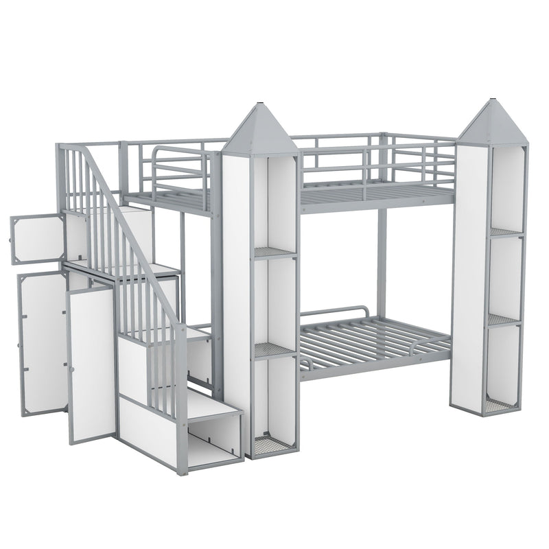 Metal Twin Over Twin Castle-Shaped Bunk Bed With Wardrobe And Multiple Storage - Gray / White