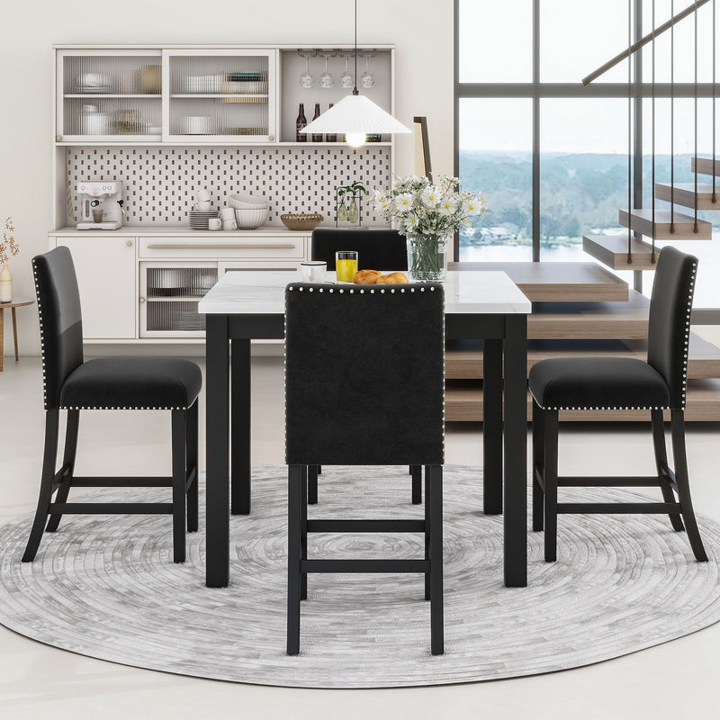 5-Piece Counter Height Dining Table Set With One Faux Marble Top Dining Table And Four Velvet Upholstered Chairs