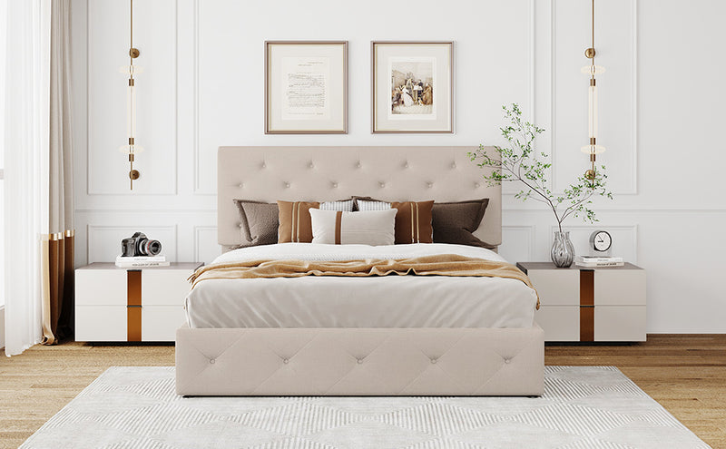 Queen size Upholstered Platform bed with a Hydraulic Storage System - Beige