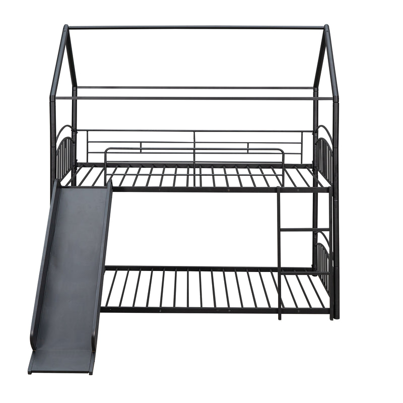 Twin Over Twin Metal Bunk Bed With Slide,Kids House Bed Black