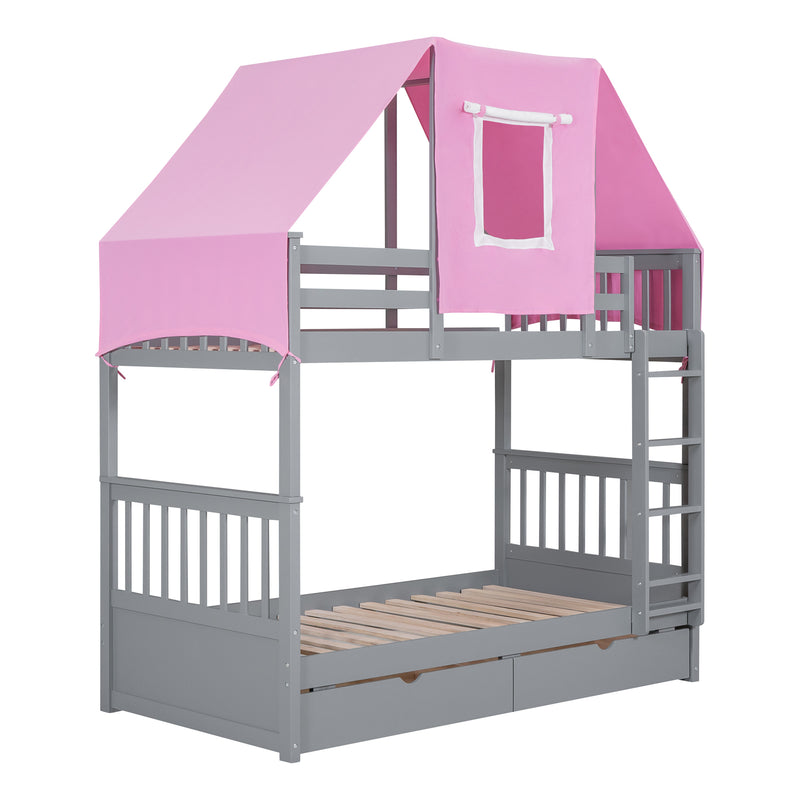 Twin Over Twin Bunk Bed Wood Bed with Tent and Drawers, Gray+Pink Tent