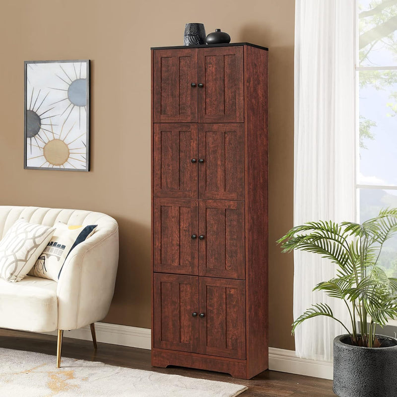 Tall Storage Cabinet with 8 Doors and 4 Shelves, Wall Storage Cabinet for Living Room, Kitchen, Office, Bedroom, Bathroom, Walnut