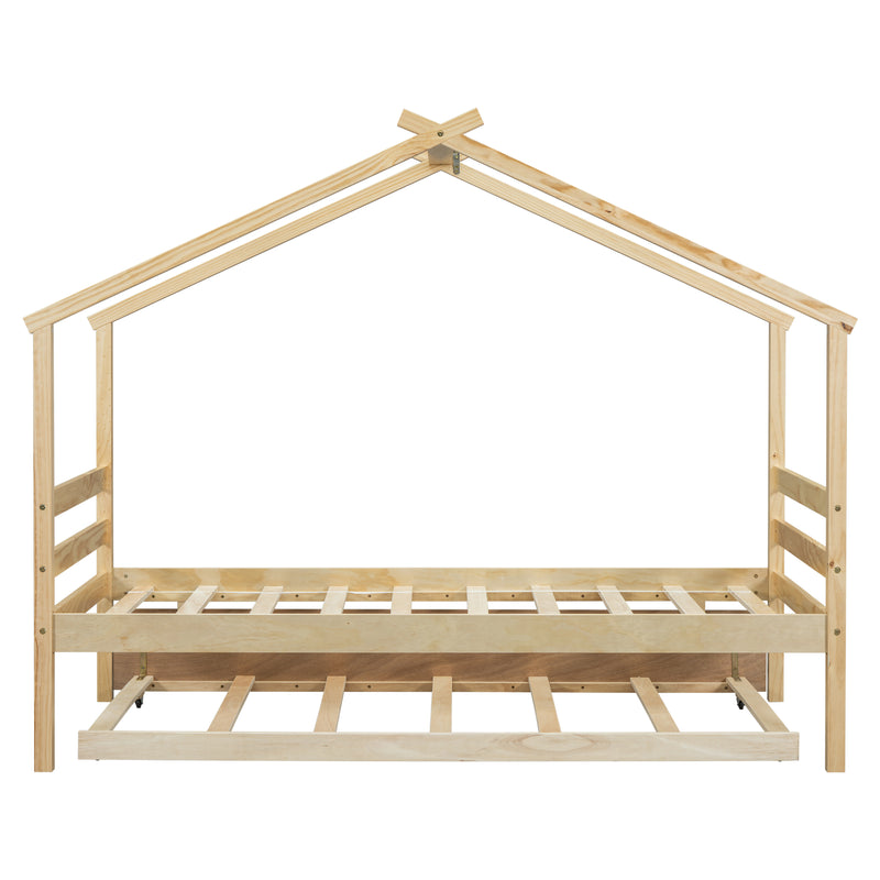 Twin Size  House-shaped Bed with Trundle,Natural