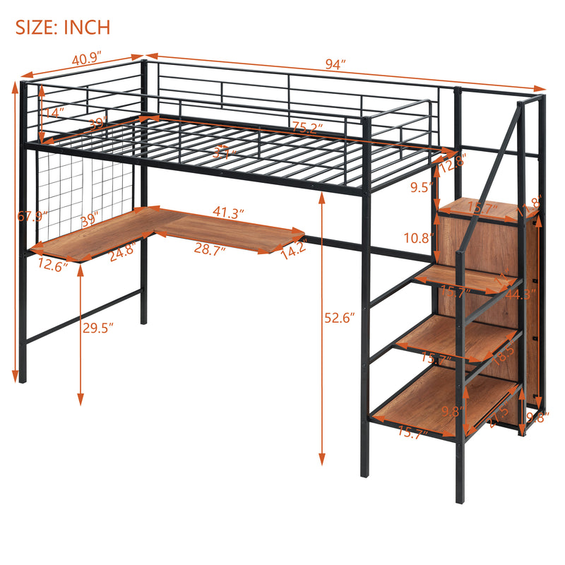 Twin Size Metal Loft Bed with Desk and Metal Grid, Stylish Metal Frame Bed with Lateral Storage Ladder and Wardrobe, Black