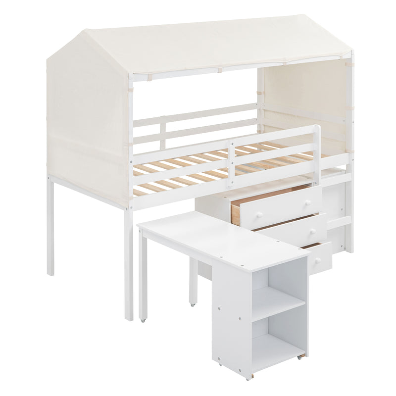 Twin Size Loft Bed with Rolling Cabinet, Shelf and Tent - White