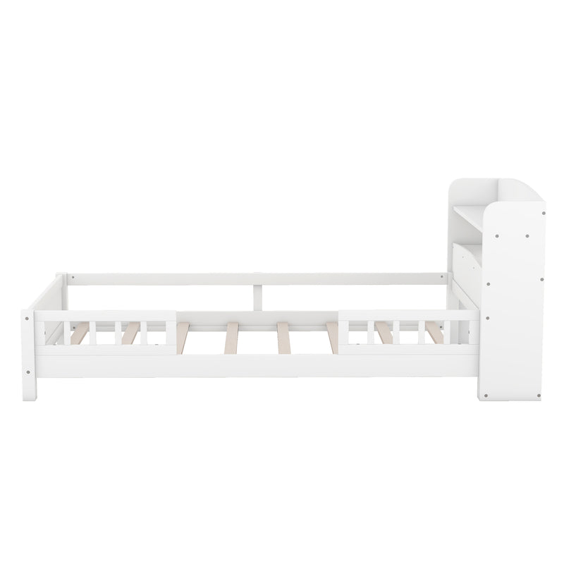 Wood Twin Size Platform Bed with Built-in LED Light, Storage Headboard and Guardrail, White