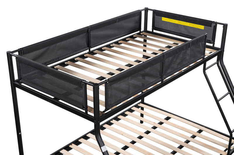 Twin over Full Metal Bunk Bed with Trundle/ Sturdy Metal Bed Frame/ Noise-Free Wood Slats/ Comfortable Textilene Guardrail/ Space-saving Trundle/ Bunk Bed for Three/ No Box Spring Needed