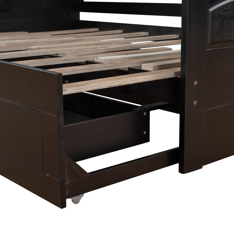 Wooden Daybed with Trundle Bed and Two Storage Drawers , Extendable Bed Daybed,Sofa Bed with Two Drawers, Espresso