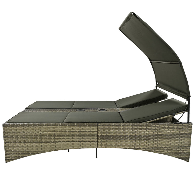 Patio Daybed Outdoor Daybed Sun Lounger With Shelter Roof With Adjustable Backrest, Storage Box And 2 Cup Holders For Patio, Balcony, Poolside