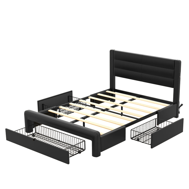 Queen Size Bed Frame with Drawers Storage, Leather Upholstered Platform Bed with Charging Station, Black