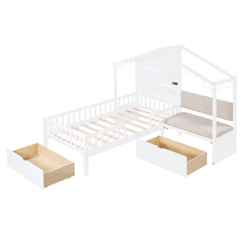 Twin Size House Bed with Upholstered Sofa, House Bed with Charging Station, Wireless Charging, Shelves and Two Drawers, White