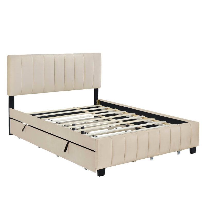 Queen Size Velvet Upholstered Platform Bed with 2 Drawers and 1 Twin XL Trundle- Beige