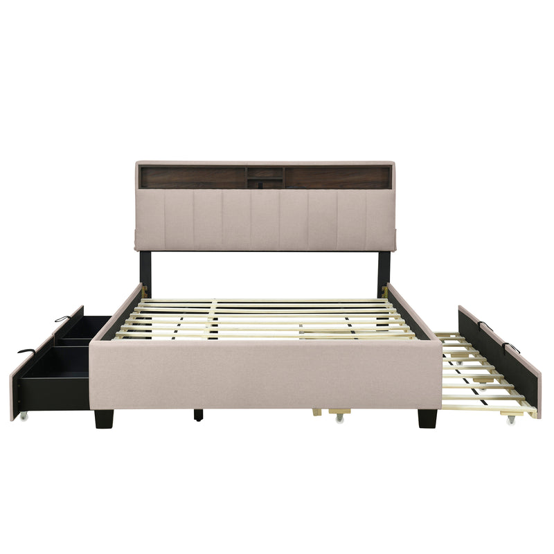 Queen size Upholstered Platform Bed with Storage Headboard, Twin XL Size Trundle & 2 drawers and a set of Sockets & USB Ports, Linen Fabric, Beige