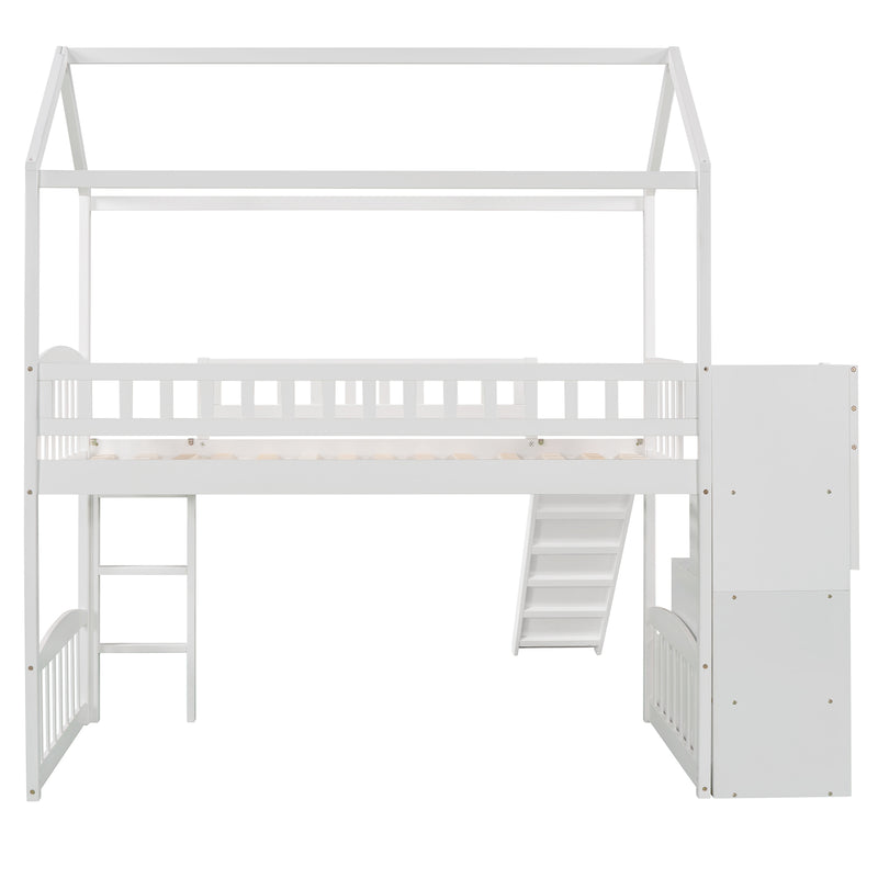 Twin Loft Bed with Two Drawers and Slide, House Bed with Slide, White (Old SKU: LP000130AAK)