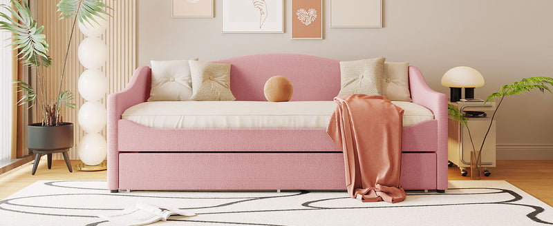 Teddy Fleece Twin Size Upholstered Daybed with Light and Trundle, Pink