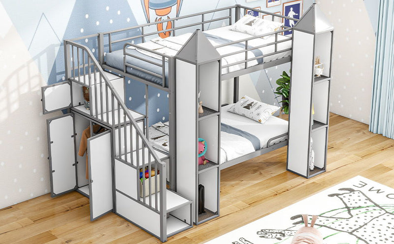 Metal Twin Over Twin Castle-Shaped Bunk Bed With Wardrobe And Multiple Storage - Gray / White