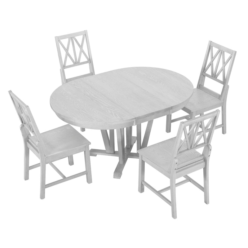 Topmax - 5 Piece Rustic Extendable Dining Table Set Round Trestle Table And 4 Cross Back Dining Chairs For Kitchen, Dining Room