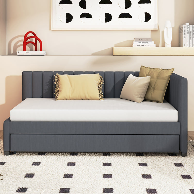 Upholstered Daybed with Trundle Twin Size Sofa Bed Frame No Box Spring Needed, Linen Fabric(Gray)