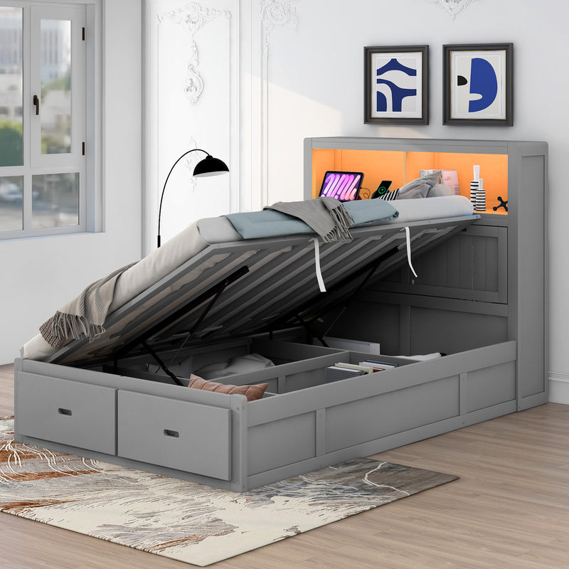 Wood Full Size Hydraulic Platform Bed with Storage LED Headboard, Charging Station and 2 Drawers, Gray