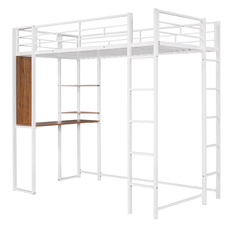 Twin Metal Loft Bed with 2 Shelves and one Desk ,WHITE(Old SKU: MF281206AAK)