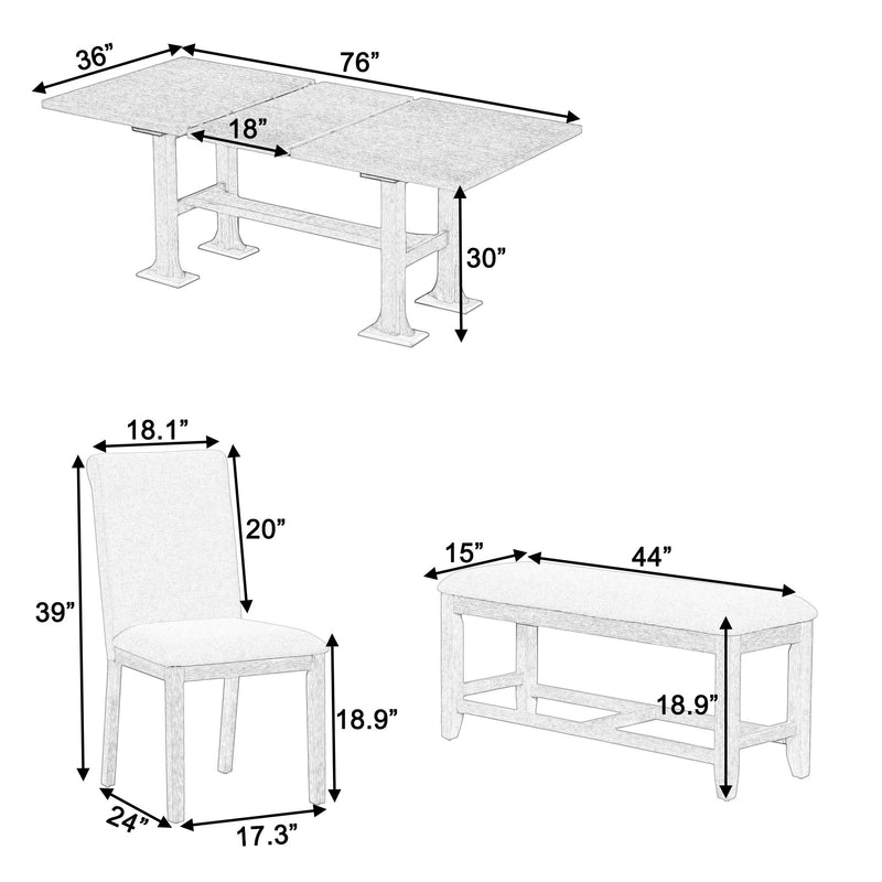 Topmax - 6 Piece Farmhouse Extendable Dining Table Set Trestle Kitchen Table Set With Removable Leaf And Upholstered Dining Chair And Bench For Dining Room