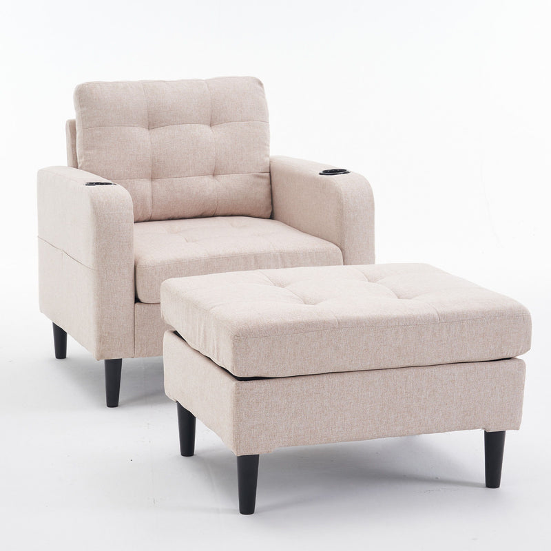 Upholstered Armchair And Storage Ottoman Set, Comfortable Single Sofa With Cup Holders And Tufted Detailing, Ideal For Living Room Or Bedroom