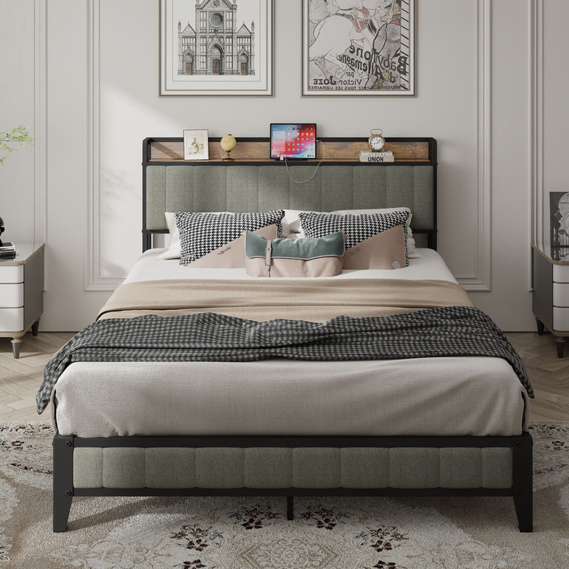 Queen Size Bed Frame with Charging Station, Upholstered Headboard, Metal Platform, Dark Grey