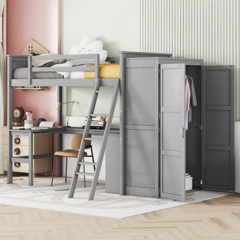 Twin size Loft Bed with Desk, Shelves and Wardrobe-Gray