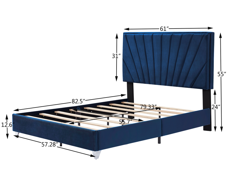 B108 Full bed with one nightstand, Beautiful line stripe cushion headboard , strong wooden slats + metal legs with Electroplate