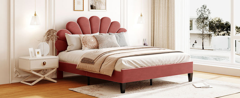 Queen Size Upholstered Platform Bed with Flower Pattern Velvet Headboard, Bean Paste Red