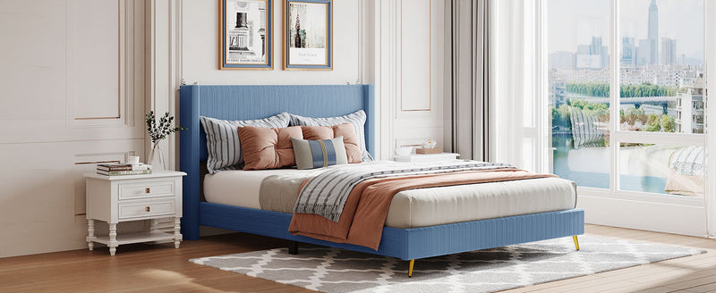 Queen Size Corduroy Platform Bed with Metal Legs, Blue