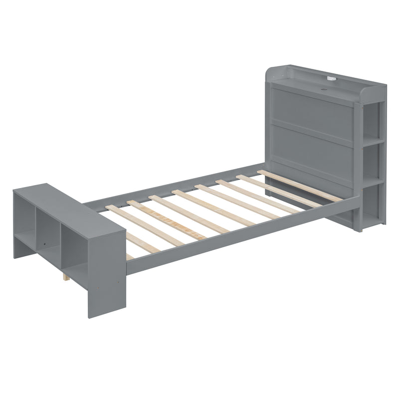 Twin Size Platform Bed with built-in shelves, LED Light and USB ports, Gray