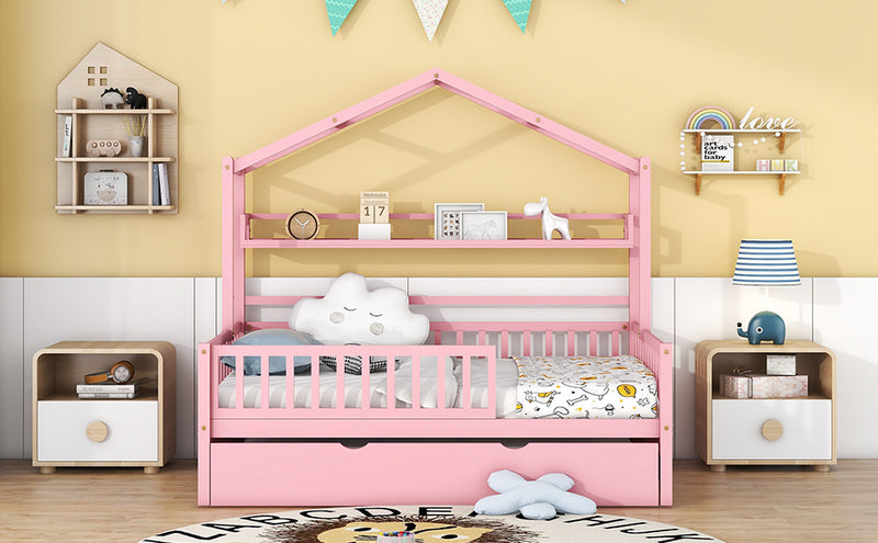 Wooden Full Size House Bed with Twin Size Trundle,Kids Bed with Shelf, Pink