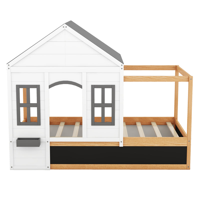 Twin Size House Shaped Canopy Bed with Black Roof and White Window,Blackboard and Little Shelf, White(Old SKU: WF294051AAK)